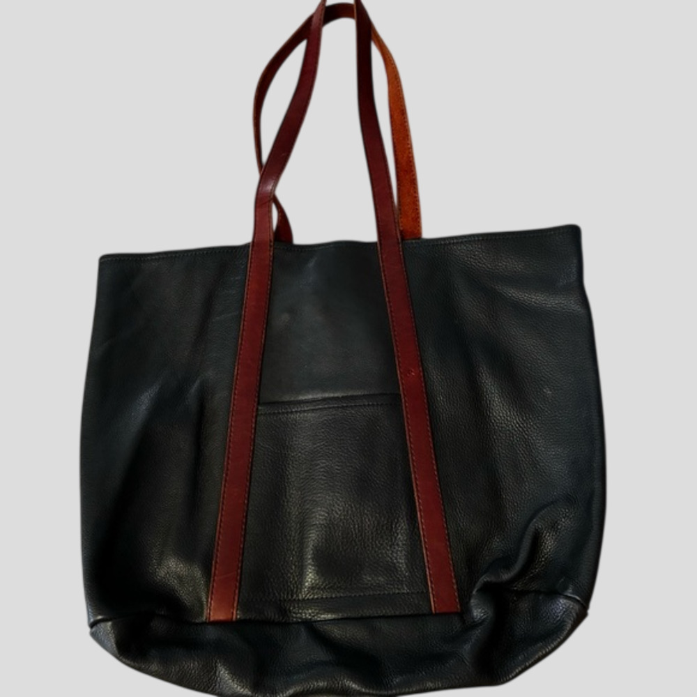 Classic Minimalist Tote Black Soft Pebble Leather With Brown Straps